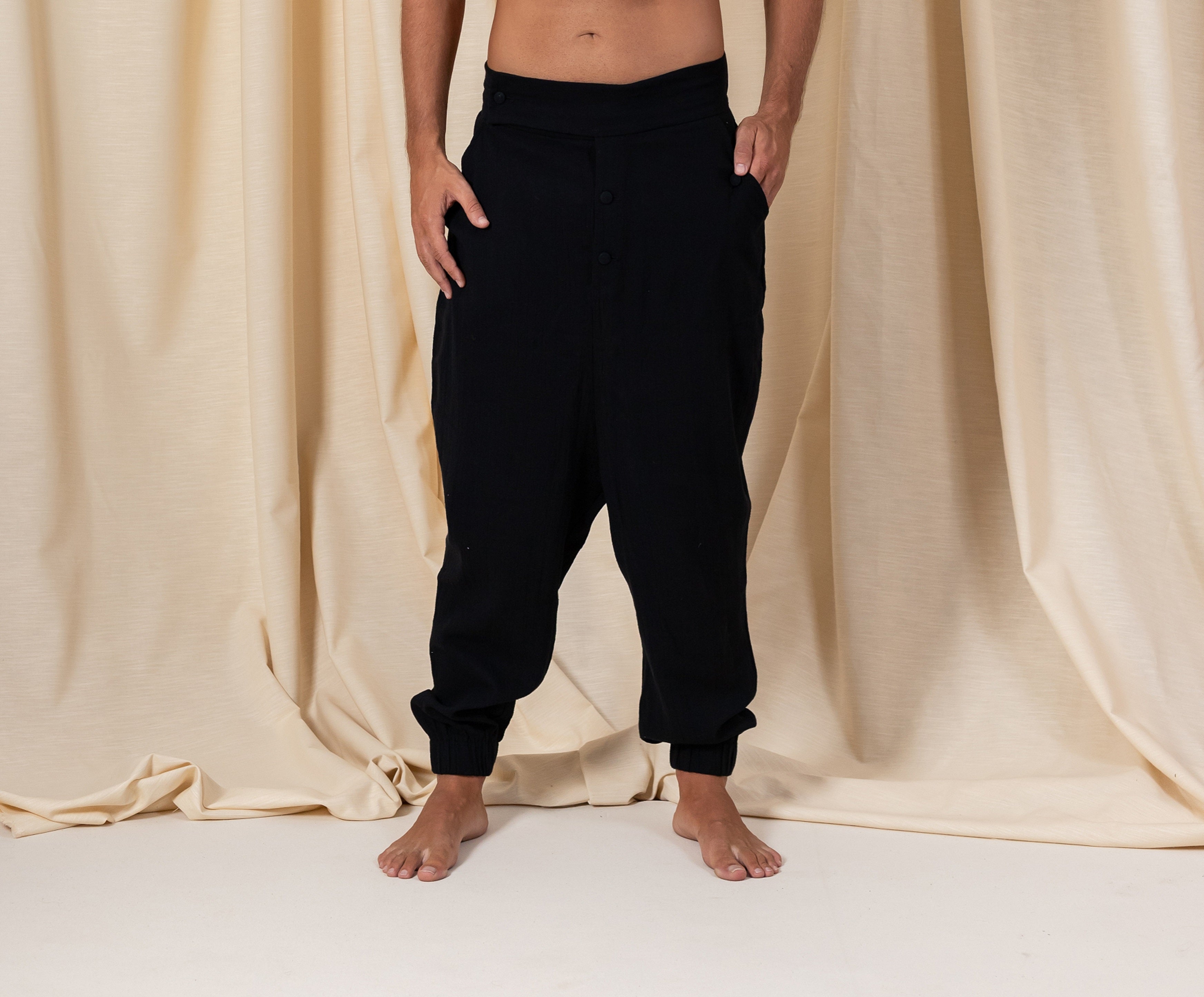 Black Bohemian Linen Button Pants