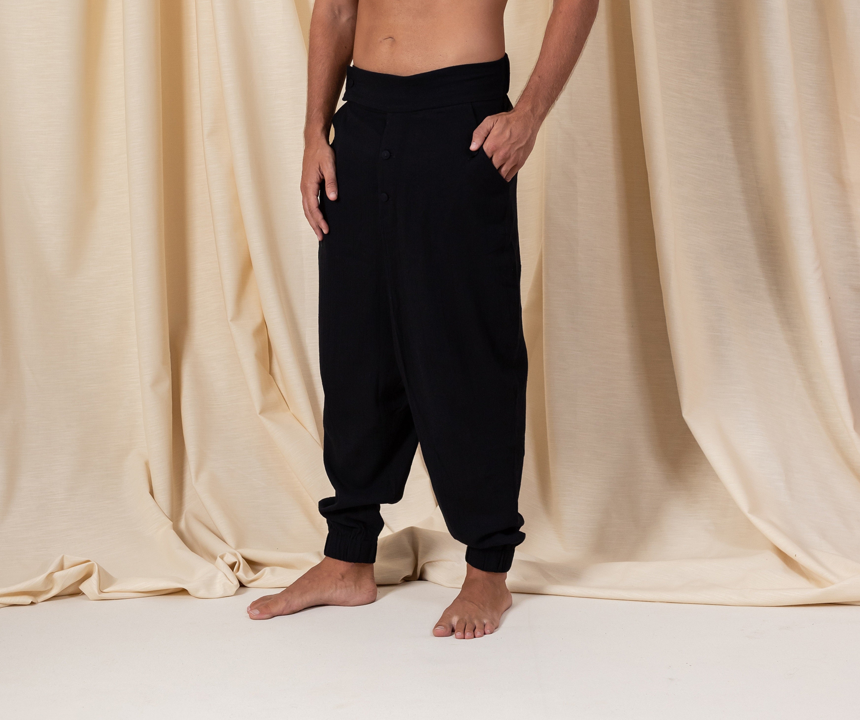 Black Bohemian Linen Button Pants