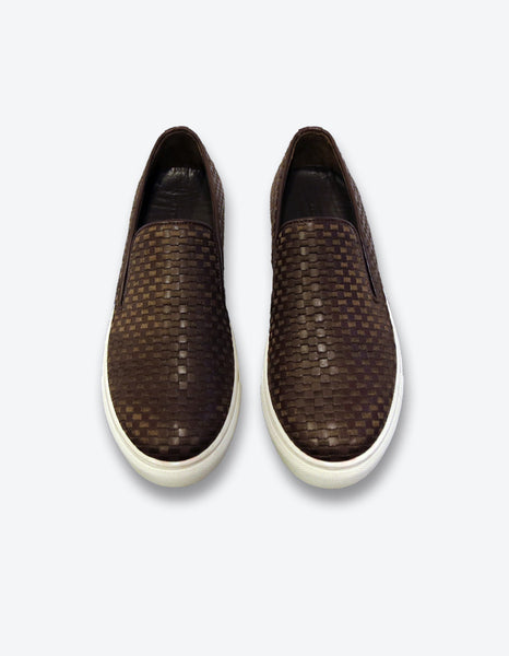 Brown Checkerd Leather Slip On Sneakers