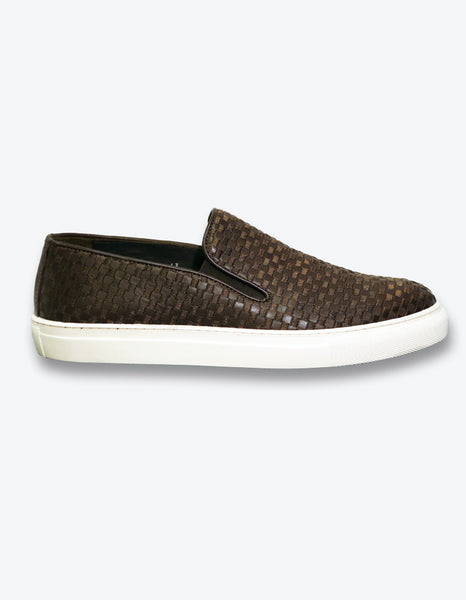 Brown Checkerd Leather Slip On Sneakers