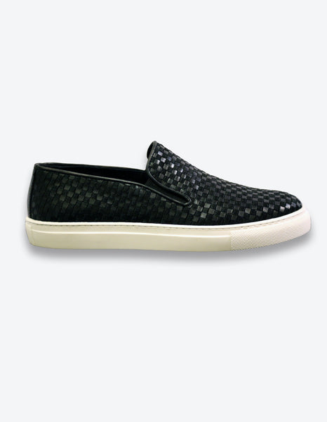 Black Checkerd Leather Slip On Shoes