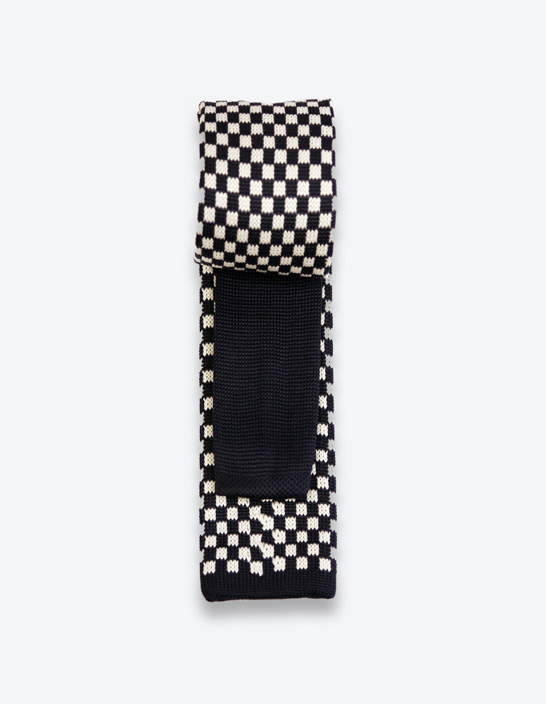 Navy-Beige Checkered Knit Tie